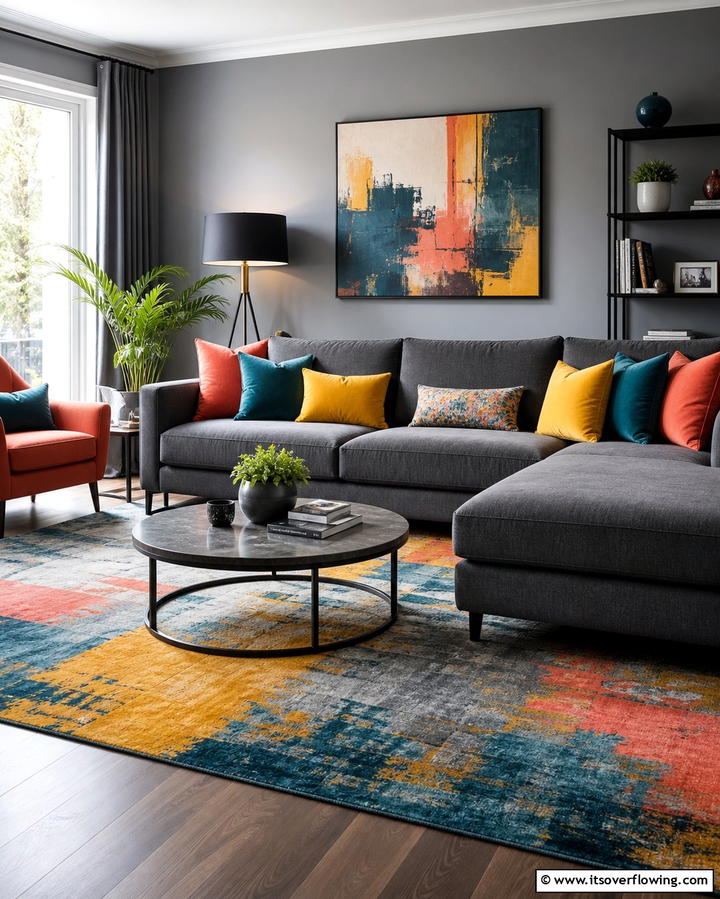 Grey Living Room with Bold Accent Colors - 25 Grey Living Room Ideas- Stylish & Modern Designs
