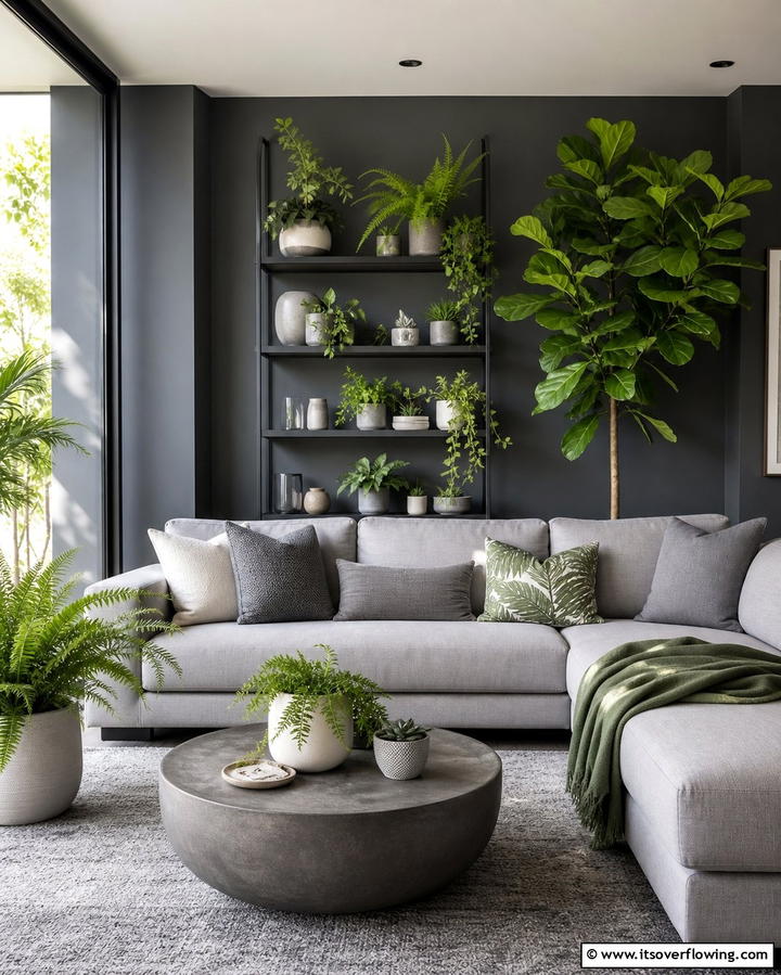 Grey Living Room with Greenery - 25 Grey Living Room Ideas- Stylish & Modern Designs