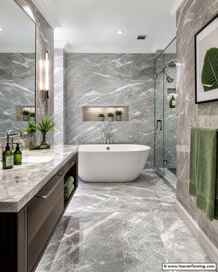Grey Marble with Green Accessories - 20 Green and Grey Bathroom Ideas for a Modern Look