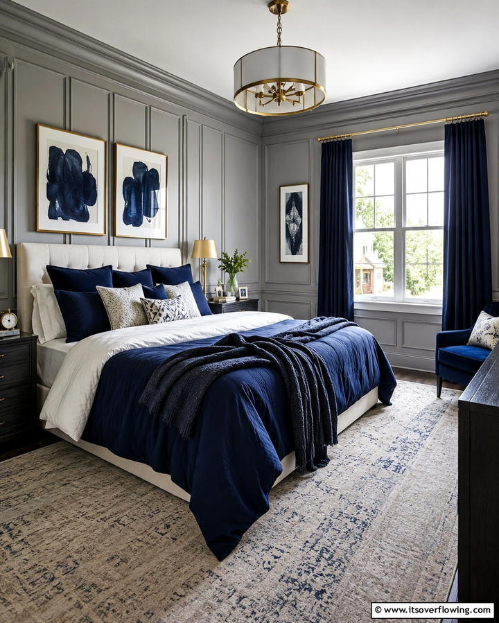 Grey Paneling with Navy Blue Accents - 25 Navy Blue and Grey Bedroom Ideas for Modern Style