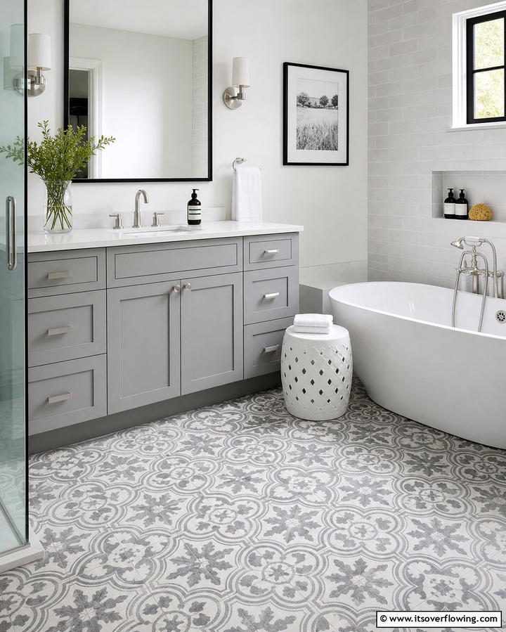 Grey Patterned Floor Tiles - 25 Grey Bathroom Ideas for a Timeless and Elegant Look