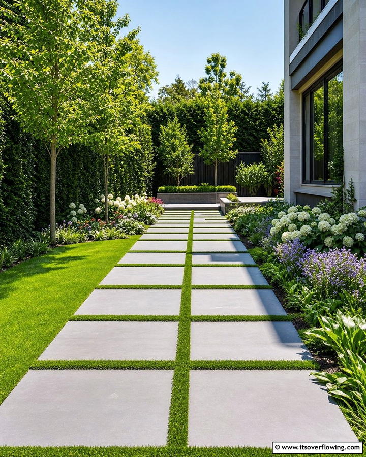 Grey Pavers with Grass Inlays - 20 Grey Paver Walkway Ideas for a Modern Landscape