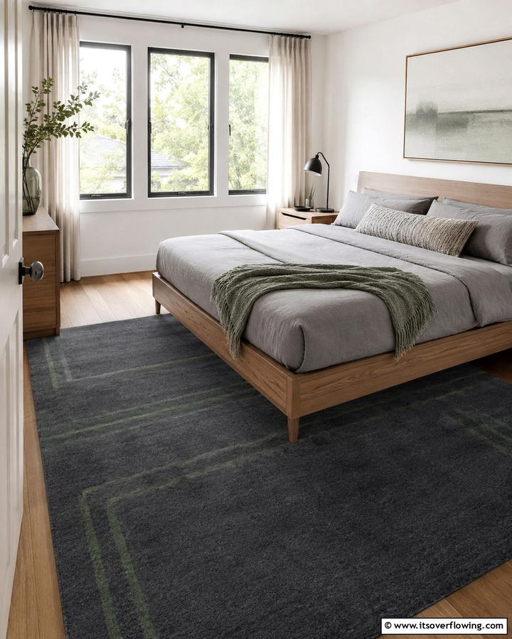 Grey Rug with Green Accents - 25 Modern Green and Grey Bedroom Design Ideas