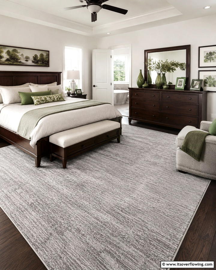 Grey Rug with Green Accessories - 25 Modern Green and Grey Bedroom Design Ideas