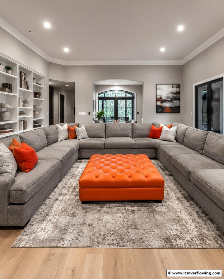 Grey Sectional Sofa with Orange Ottoman - 25 Orange and Grey Living Room Ideas for a Modern Look