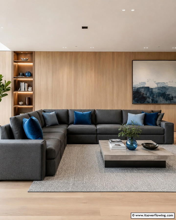 Grey Sectional with Blue Cushions - 30 Soothing Blue & Grey Living Room Designs for Relaxing Spaces