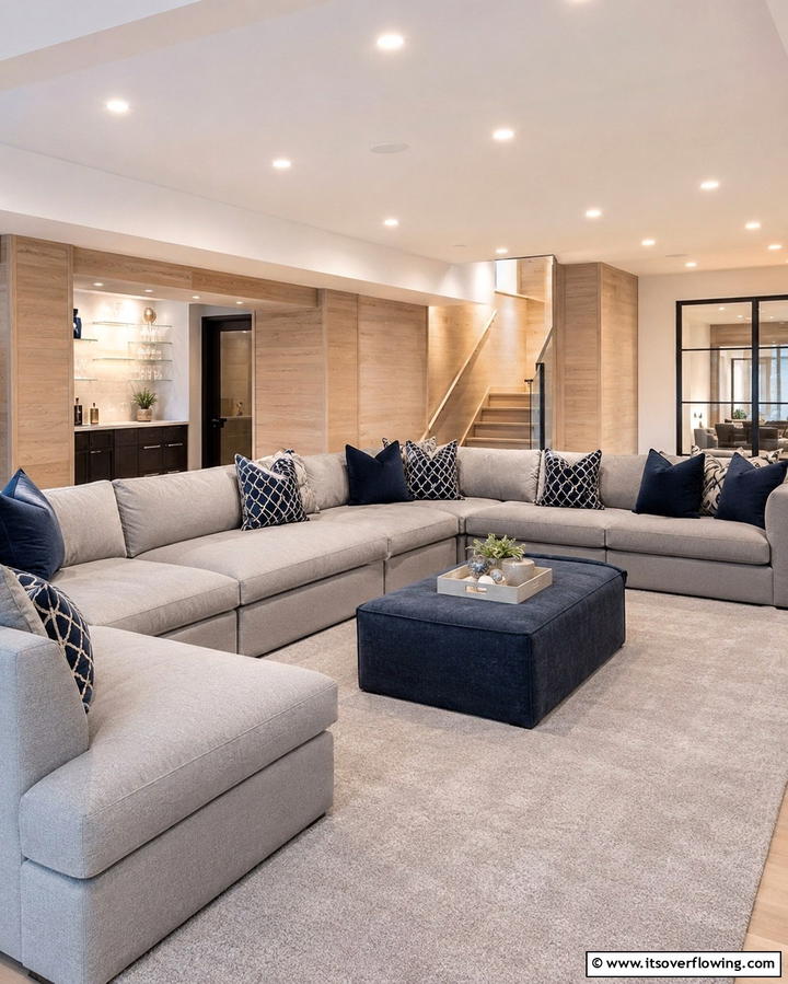 Grey Sectional with Blue Throw Pillows - 30 Soothing Blue & Grey Living Room Designs for Relaxing Spaces
