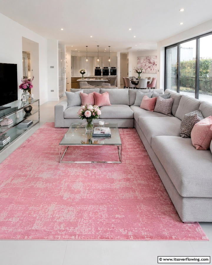 Grey Sectional with Pink Area Rug - 25 Pink and Grey Living Room Ideas for a Chic Space