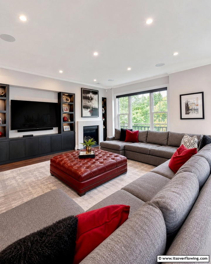 Grey Sectional with Red Ottoman - 25 Red and Grey Living Room Ideas for a Modern Touch