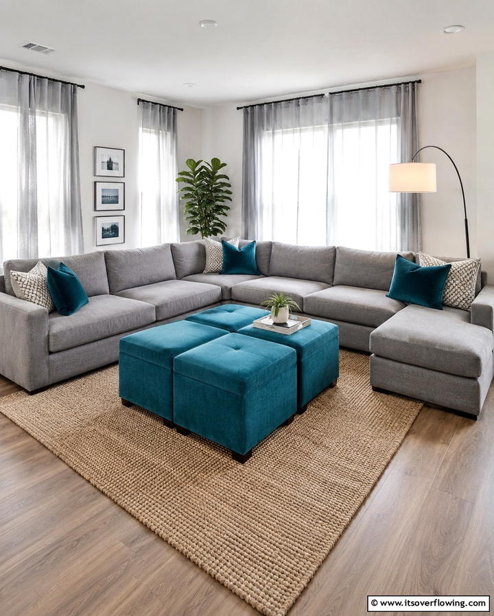 Grey Sectional with Teal Ottomans - 20 Teal and Grey Living Room Ideas for a Bold Aesthetic