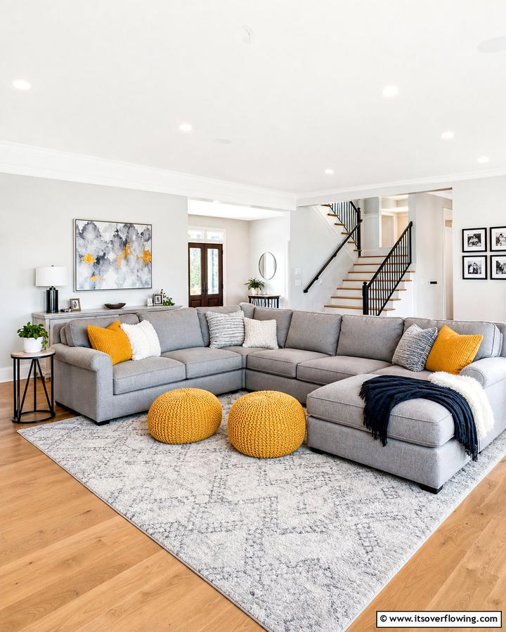 Grey Sectional with Yellow Poufs - 25 Grey and Yellow Living Room Ideas