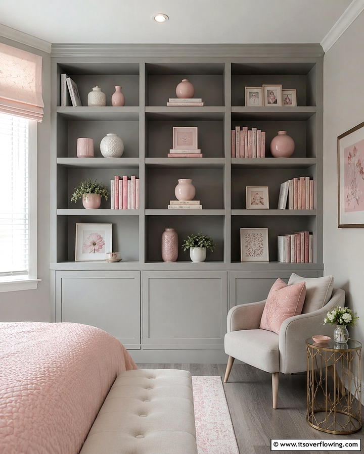 Grey Shelves with Pink Decor - 25 Pink and Grey Bedroom Ideas for a Serene Space