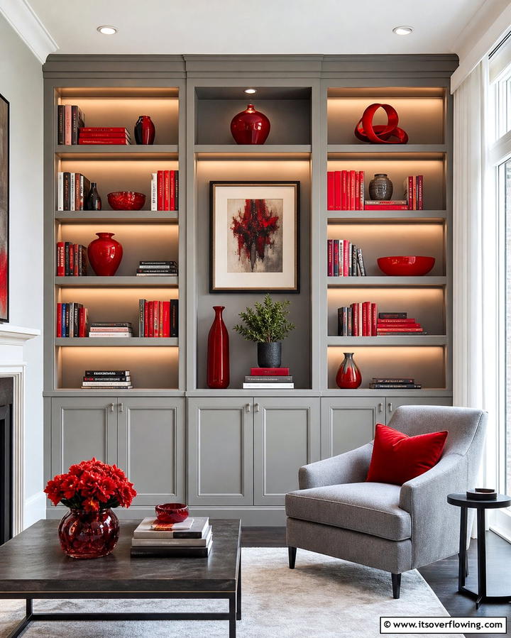 Grey Shelves with Red Decor - 25 Red and Grey Living Room Ideas for a Modern Touch