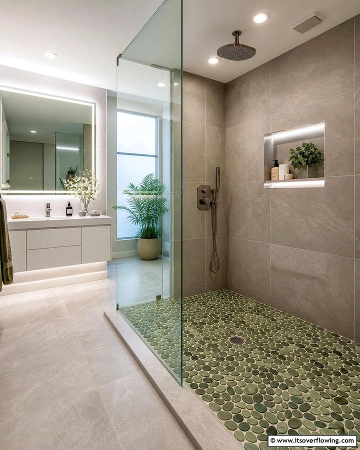 Grey Shower with Green Pebble Flooring - 20 Green and Grey Bathroom Ideas for a Modern Look
