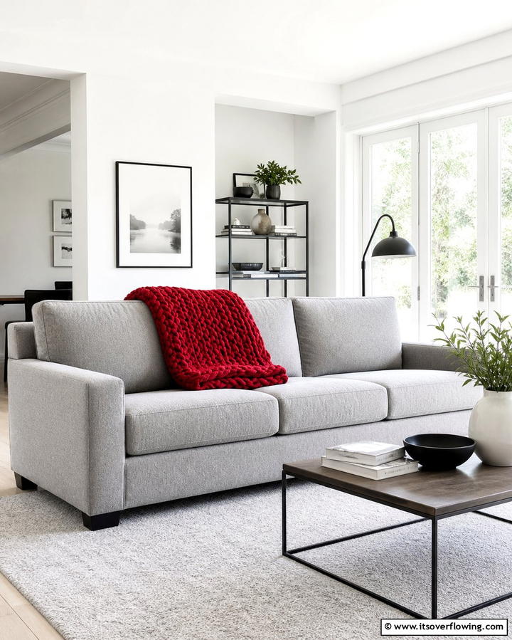 Grey Sofa with Red Blanket - 25 Red and Grey Living Room Ideas for a Modern Touch