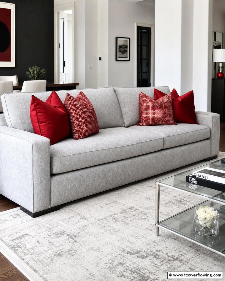 Grey Sofa with Red Throw Pillows - 25 Red and Grey Living Room Ideas for a Modern Touch