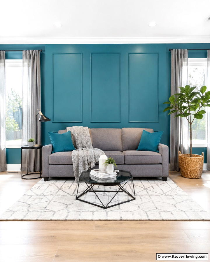 Grey Sofa with Teal Accent Wall - 20 Teal and Grey Living Room Ideas for a Bold Aesthetic