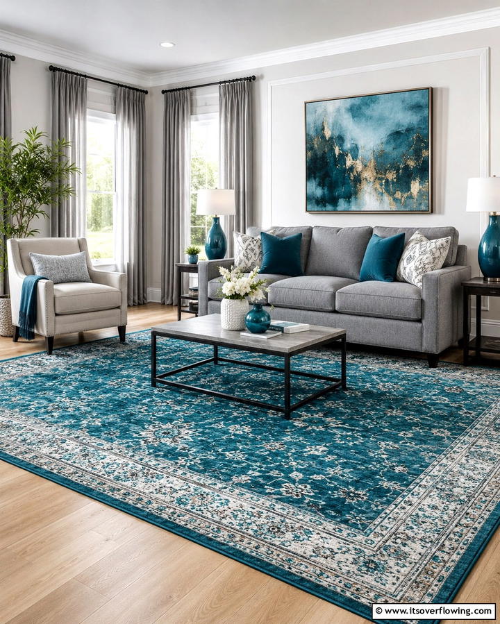 Grey Sofa with Teal Area Rug - 20 Teal and Grey Living Room Ideas for a Bold Aesthetic