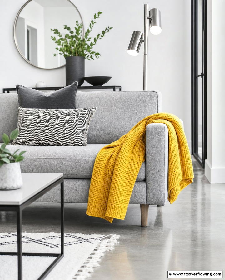 Grey Sofa with Yellow Throw Blanket - 25 Grey and Yellow Living Room Ideas