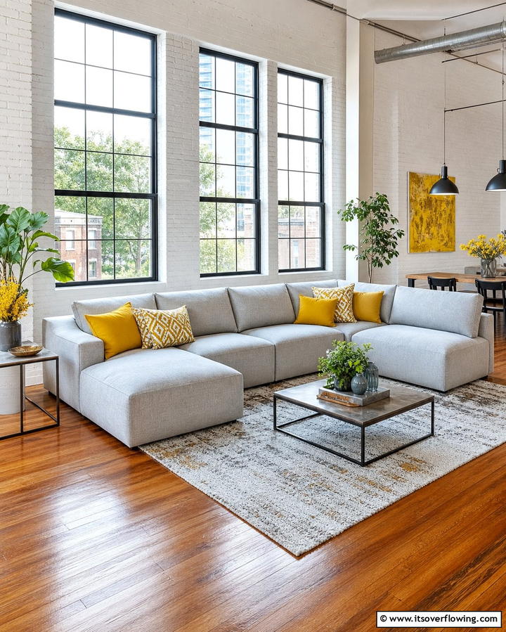 Grey Sofa with Yellow Throw Pillows - 25 Grey and Yellow Living Room Ideas