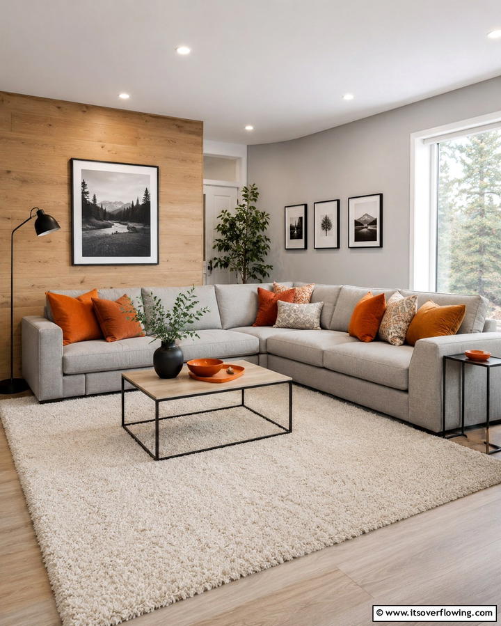 Grey Sofas with Orange Throw Pillows - 25 Orange and Grey Living Room Ideas for a Modern Look