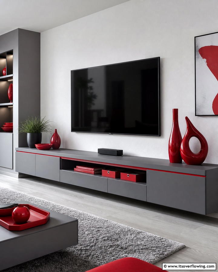 Grey TV Stand with Red Accents - 25 Red and Grey Living Room Ideas for a Modern Touch