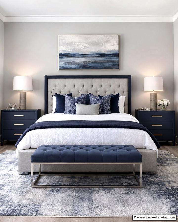 Grey Textured Wallpaper with Navy Accessories - 25 Navy Blue and Grey Bedroom Ideas for Modern Style