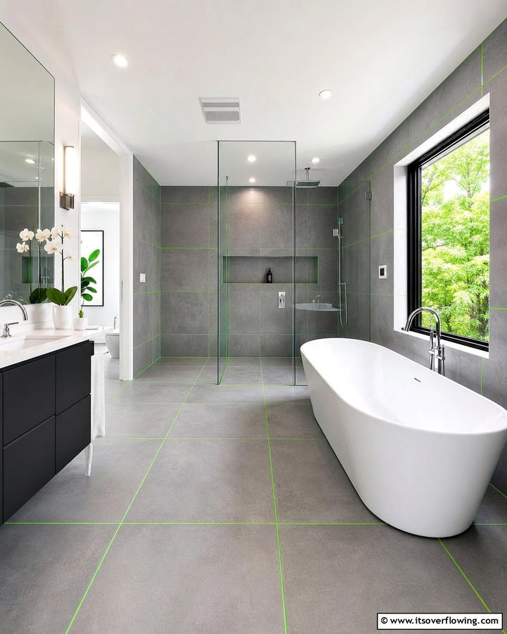 Grey Tiles with Green Grout - 20 Green and Grey Bathroom Ideas for a Modern Look