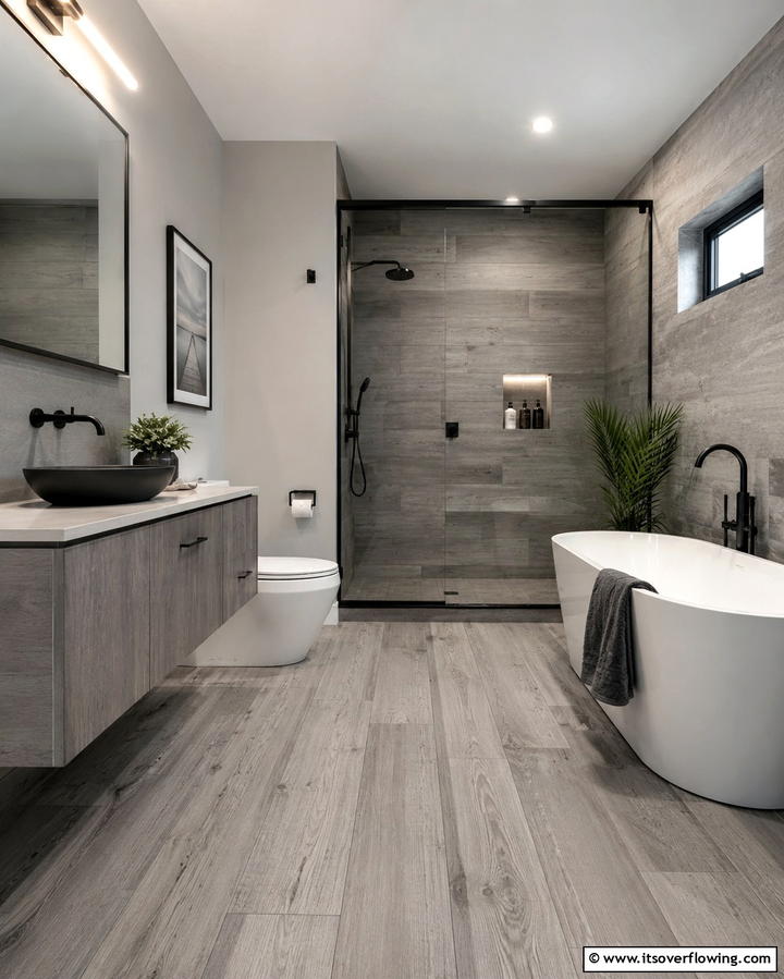 Grey Toned Wood for Modern Minimalism - 30 Wood Floor Ideas for Bathrooms- Warmth Meets Function