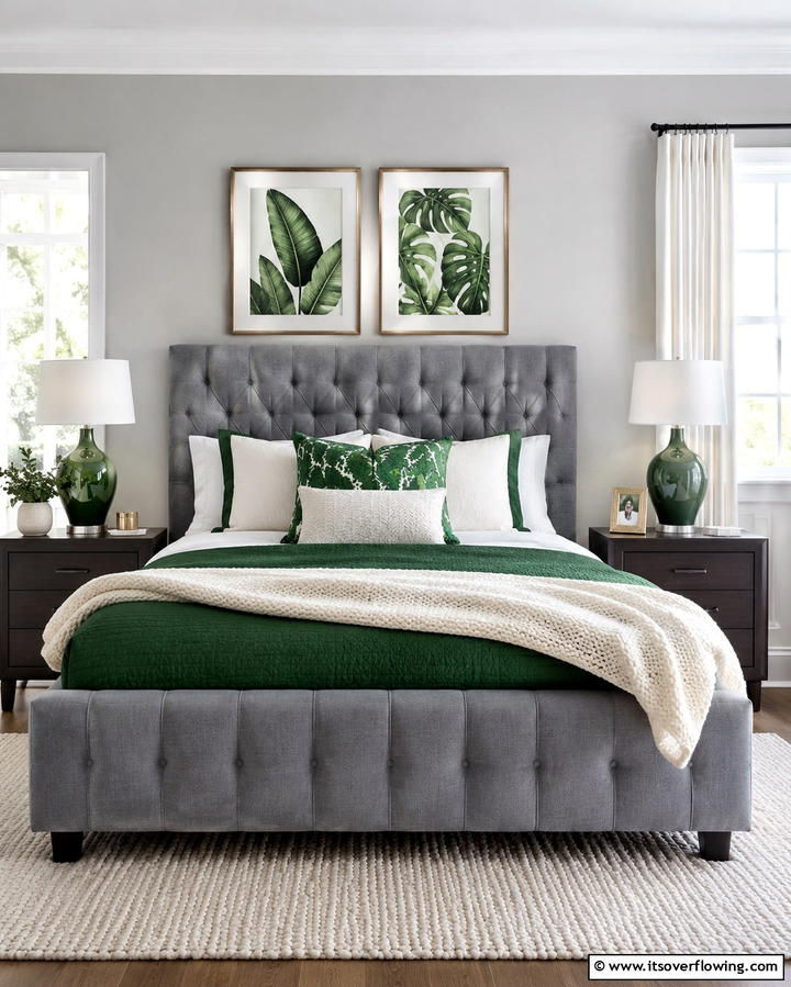 Grey Upholstered Bed with Green Decor - 25 Modern Green and Grey Bedroom Design Ideas
