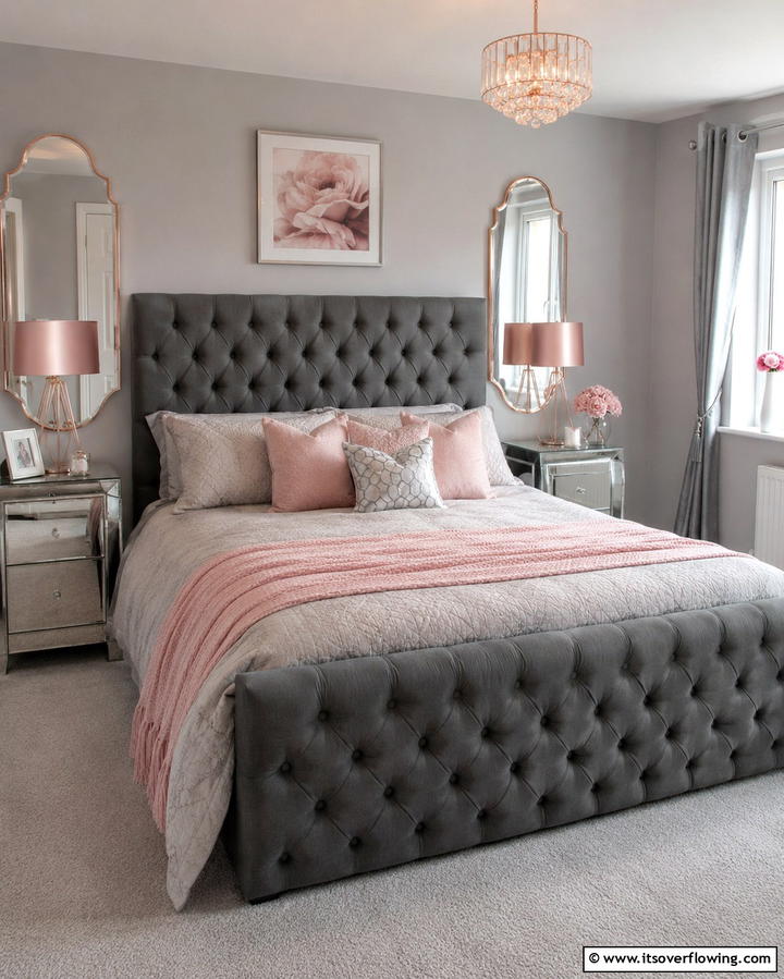 Grey Upholstered Bed with Pink Accessories - 25 Pink and Grey Bedroom Ideas for a Serene Space