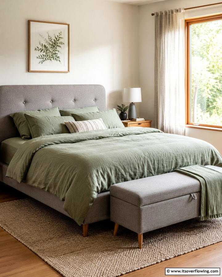 Grey Upholstered Bed with Sage Green Linens - 25 Sage Green and Grey Bedroom Ideas for a Serene Retreat