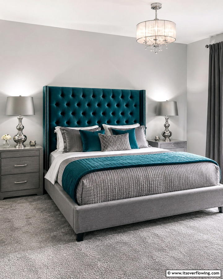 Grey Upholstered Bed with Teal Headboard - 20 Teal and Grey Bedroom Ideas for a Modern Look