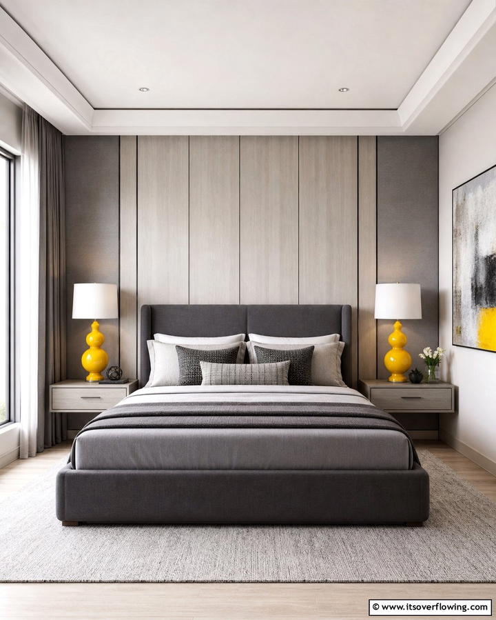 Grey Upholstered Bed with Yellow Lamps - 25 Yellow and Grey Bedroom Ideas for a Chic Look