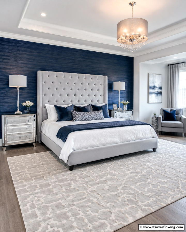 Grey Upholstered Headboard - 25 Navy Blue and Grey Bedroom Ideas for Modern Style