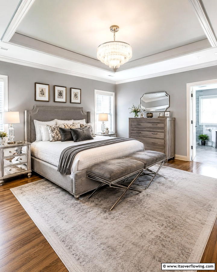 Grey Upholstered with Nailhead Trim - 25 Elegant Grey Headboard Bedroom Ideas for a Calm Space