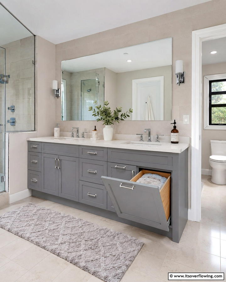 Grey Vanity with Built In Laundry Hamper - 25 Grey Bathroom Vanity Design Ideas for Modern Homes