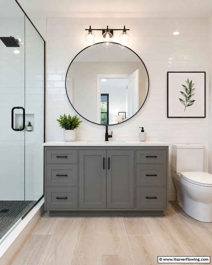 Grey Vanity with Circular Mirror - 25 Grey Bathroom Vanity Design Ideas for Modern Homes