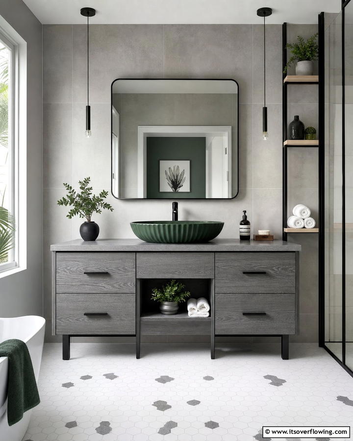Grey Vanity with Green Sink - 20 Green and Grey Bathroom Ideas for a Modern Look
