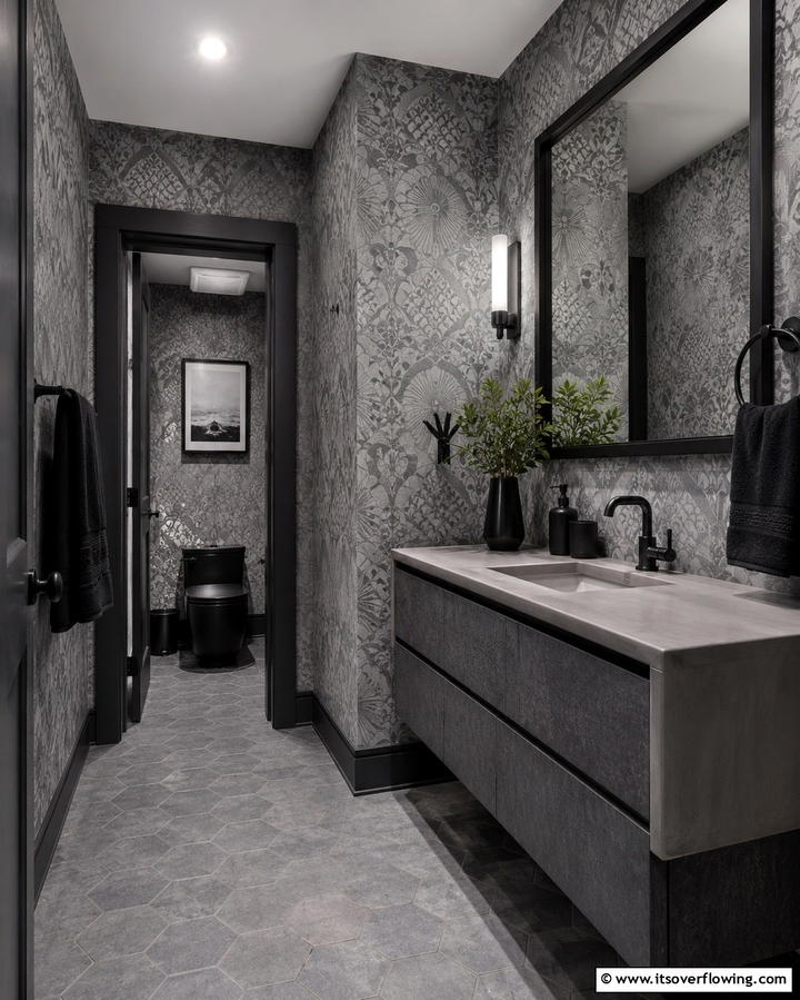 Grey Wallpaper with Black Accents - 25 Black and Grey Bathroom Ideas for a Sleek Design