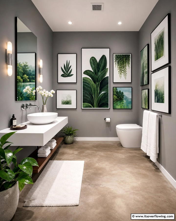 Grey Walls with Green Artwork - 20 Green and Grey Bathroom Ideas for a Modern Look