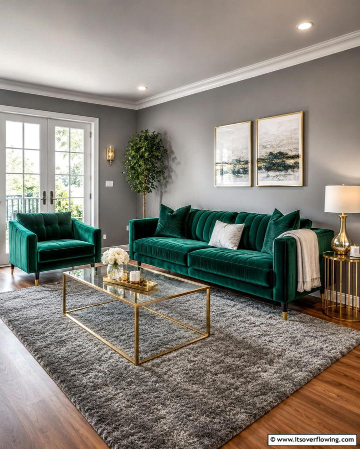 Grey Walls with Green Velvet Furniture - 25 Green and Grey Living Room Ideas for Modern Homes
