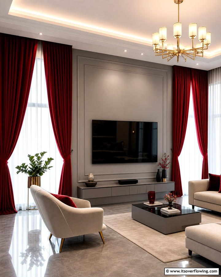 Grey Walls with Red Curtains - 25 Red and Grey Living Room Ideas for a Modern Touch