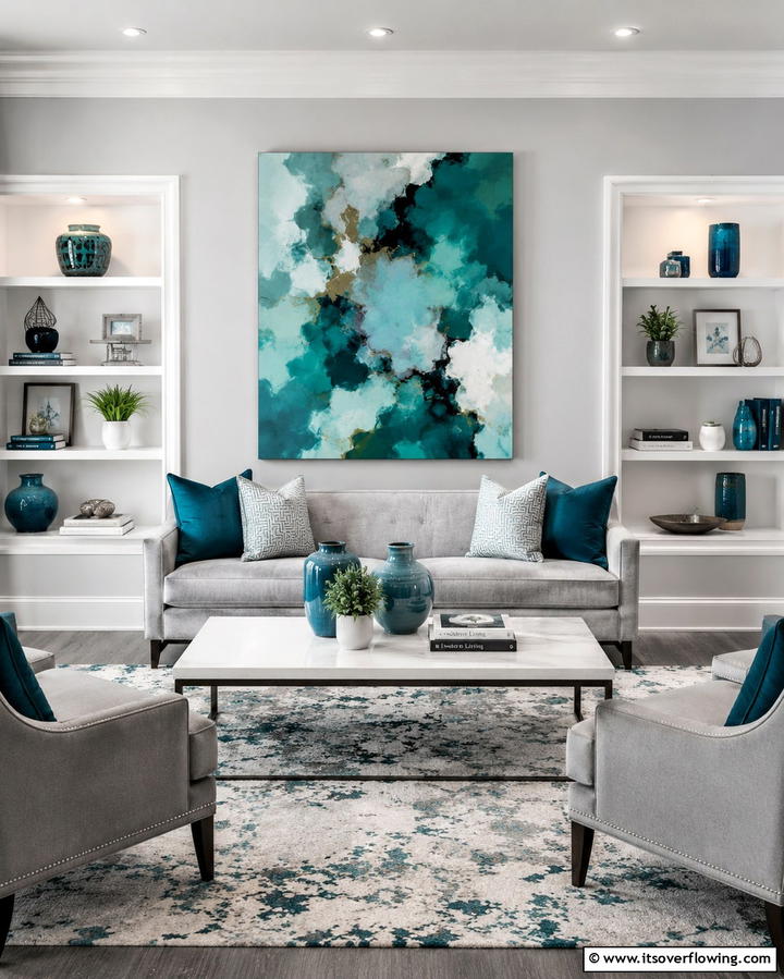 Grey Walls with Teal Artwork - 20 Teal and Grey Living Room Ideas for a Bold Aesthetic