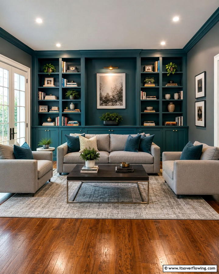 Grey Walls with Teal Bookshelves - 20 Teal and Grey Living Room Ideas for a Bold Aesthetic
