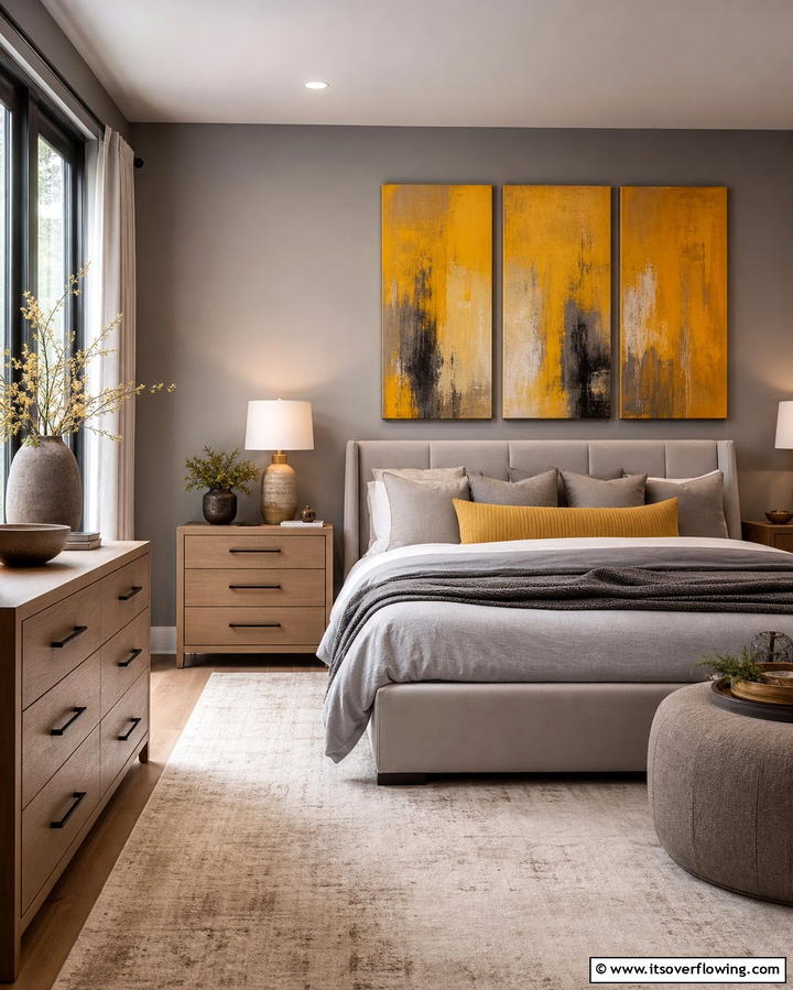 Grey Walls with Yellow Artwork - 25 Yellow and Grey Bedroom Ideas for a Chic Look