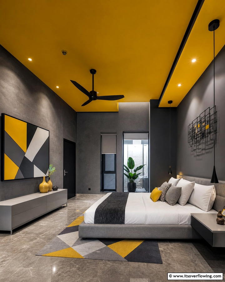 Grey Walls with Yellow Ceiling - 25 Yellow and Grey Bedroom Ideas for a Chic Look