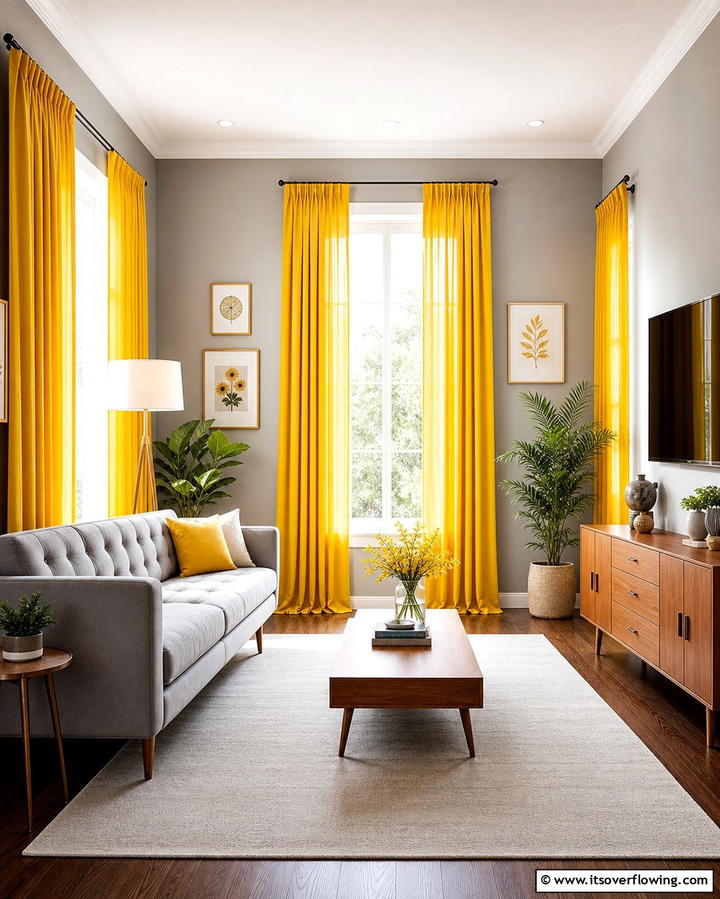 Grey Walls with Yellow Curtains - 25 Grey and Yellow Living Room Ideas