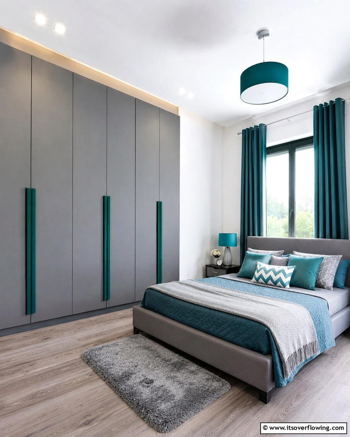 Grey Wardrobe with Teal Handles - 20 Teal and Grey Bedroom Ideas for a Modern Look