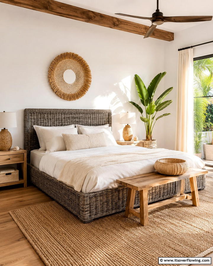 Grey Woven Rattan - 25 Elegant Grey Headboard Bedroom Ideas for a Calm Space